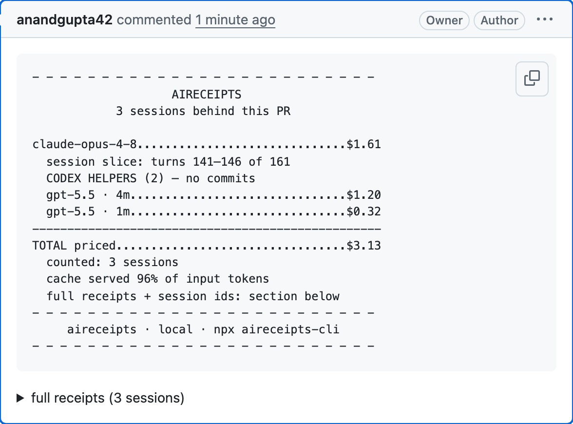 The real historical aireceipts receipt comment on merged PR 189, with three sessions. It predates the current lower-bound notation.
